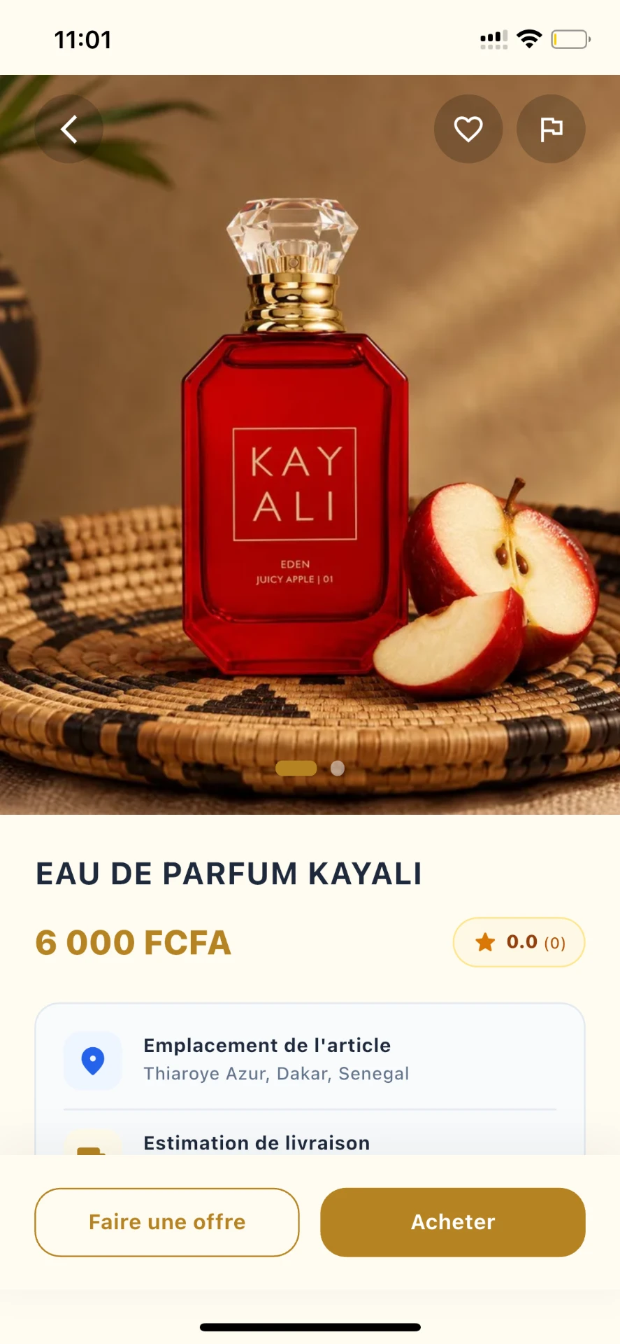 Fiche article de l'application Djarna avec prix, localisation, estimation de livraison et boutons Faire une offre et Acheter