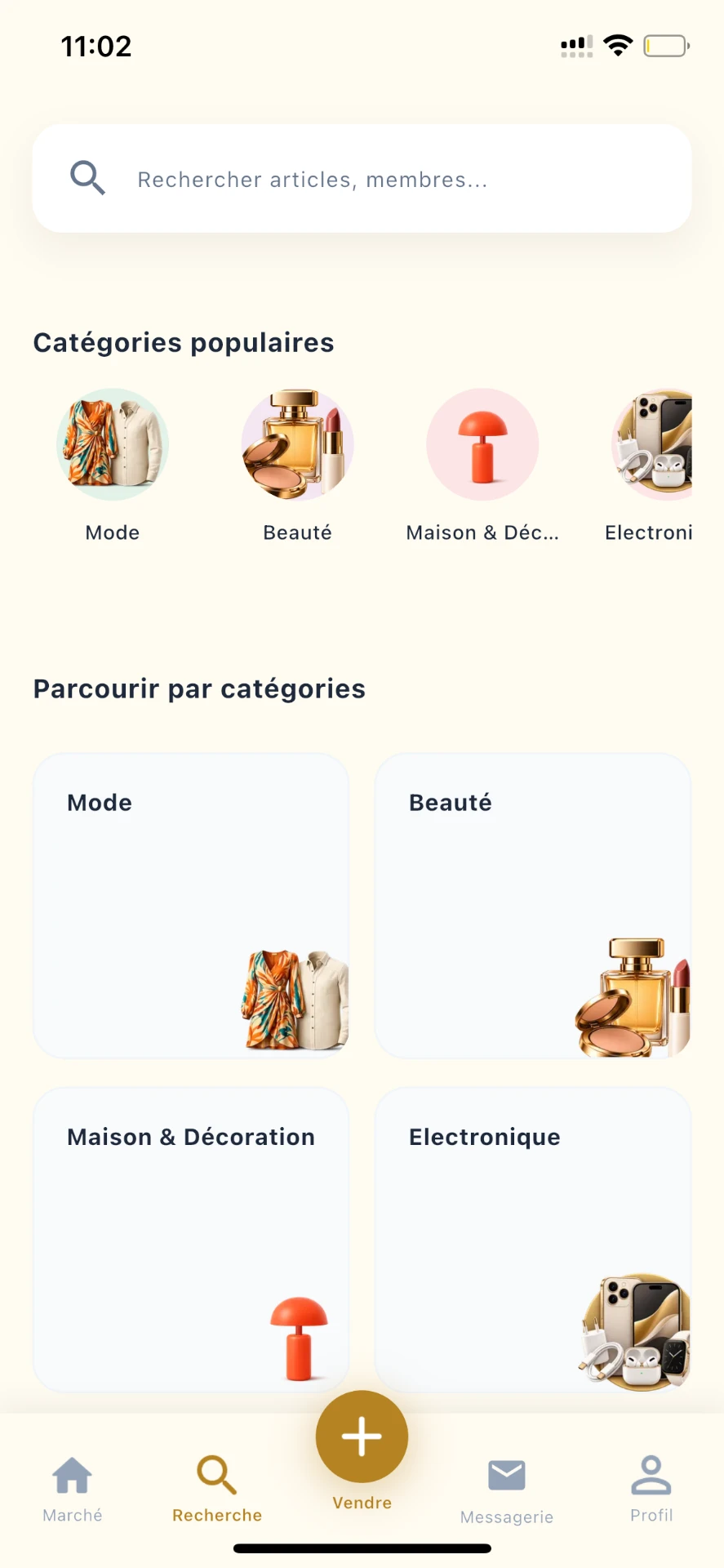 Écran de recherche de l'application Djarna avec catégories populaires Mode, Beauté, Maison et Électronique